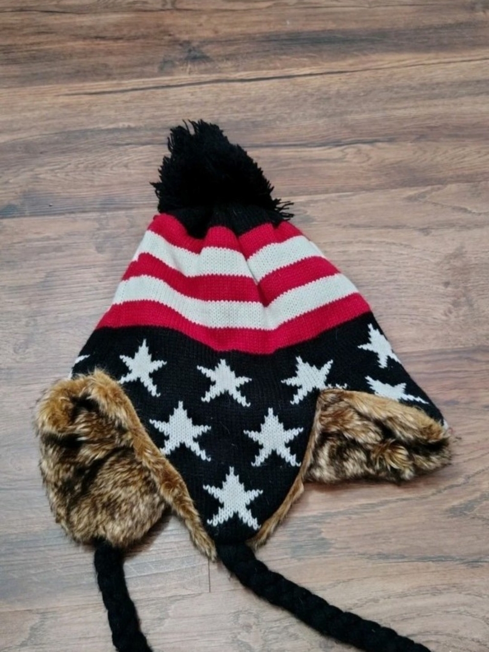 Star & Stripe Faux-Fur Trapper Hat - Black, Red & White